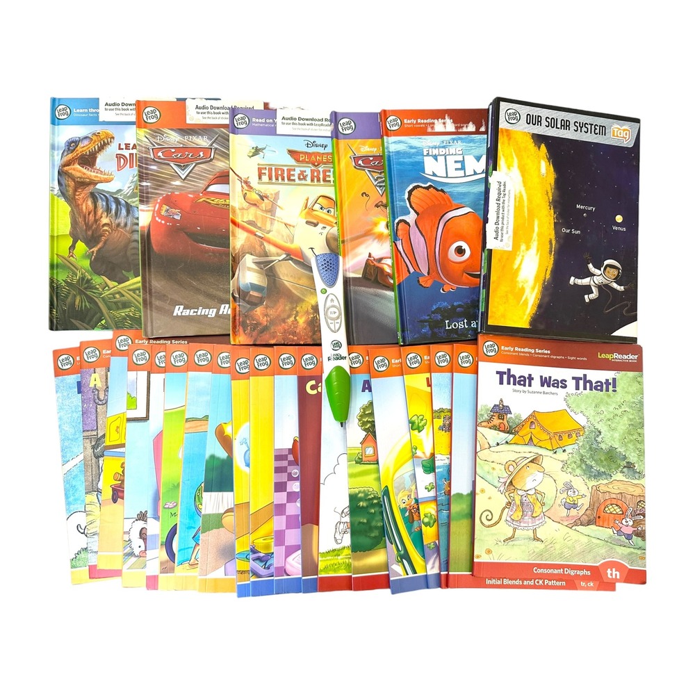 LeapFrog Leap Reader Tag Pen 24 Books Lot Solar System Map Disney Pixar Phonics